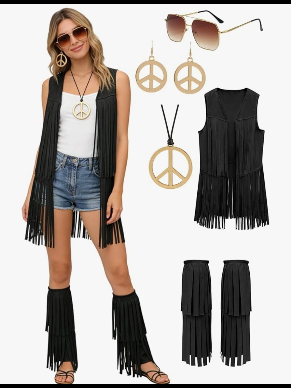 Hippie Costume For Women 60s 70s Disco Out W/Fringe Vest & Boot Covers W/Access
